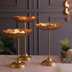 Gold Decorative Lotus Metal Diya Stand Set Traditional Pooja Candle Holders