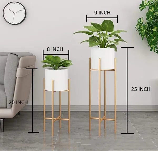 Gold & White Mid Century Modern Plant Stand Withceramic Pot