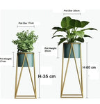 Gold Green Set Ofmodern Metal Plant Stands With Teal Plantersgeometric Frame