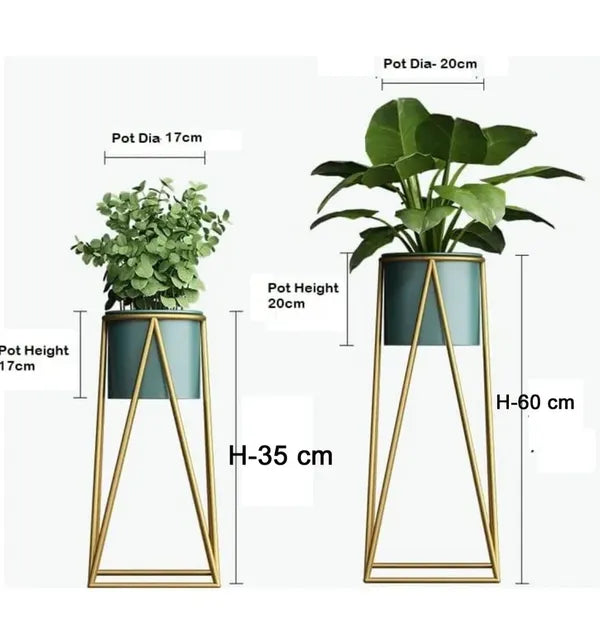 Gold Green Set Ofmodern Metal Plant Stands With Teal Plantersgeometric Frame