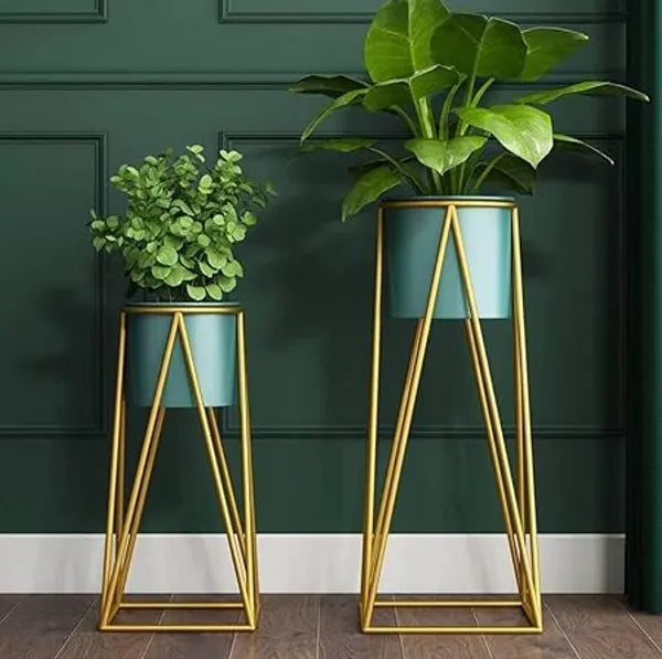 Gold Green Set Ofmodern Metal Plant Stands With Teal Plantersgeometric Frame