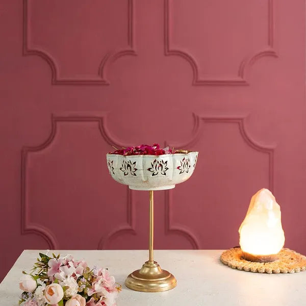 White And Gold Decorative Brass Stand Bowl Set With Floral Motif