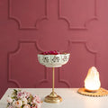 White And Gold Decorative Brass Stand Bowl Set With Floral Motif
