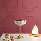 White And Gold Decorative Brass Stand Bowl Set With Floral Motif