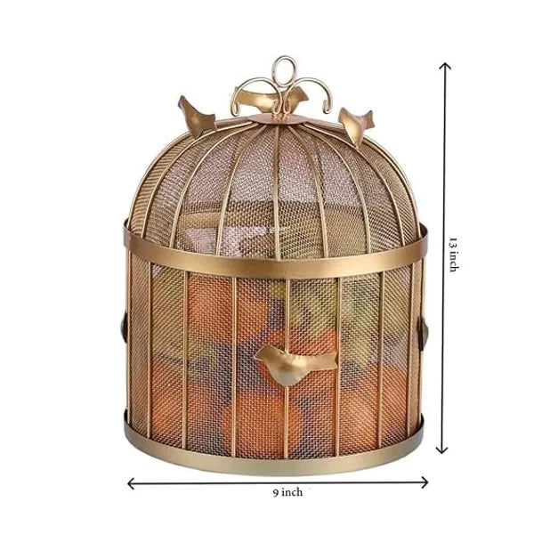 Gold Decorative Birdcage Fruit Basket With Mesh Domefinish