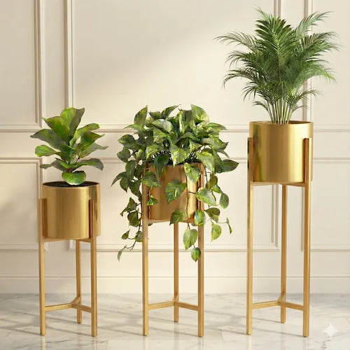 Banjara Decor Gold Finish Metal Plant Stands With Cylindrical Planters