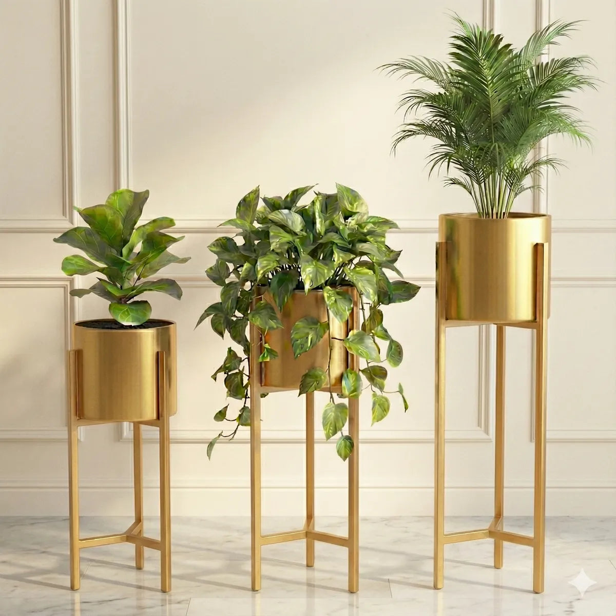 Banjara Decor Gold Finish Metal Plant Stands With Cylindrical Planters
