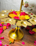 Brass Two Tier Peacock Feather Design Pooja Flower Stand With Bell Top