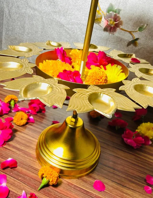Brass Two Tier Peacock Feather Design Pooja Flower Stand With Bell Top