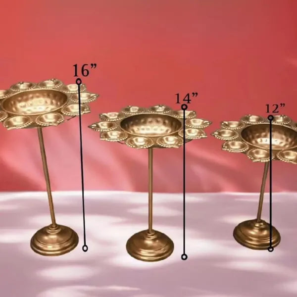 Gold Decorative Lotus Metal Diya Stand Set Traditional Pooja Candle Holders
