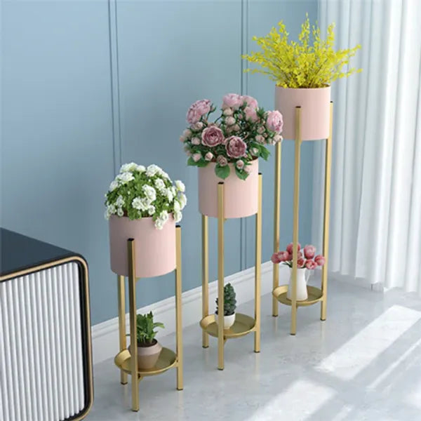 Gold Metal Plant Stand Set With Cylindrical Planters