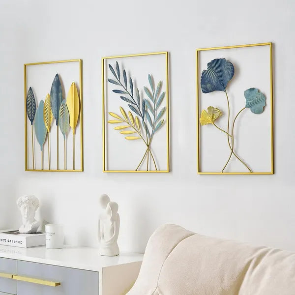 Gold Piece Metal Wall Art Set Botanical Leaf  &  Floral Design Withframe