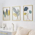 Gold Piece Metal Wall Art Set Botanical Leaf  &  Floral Design Withframe