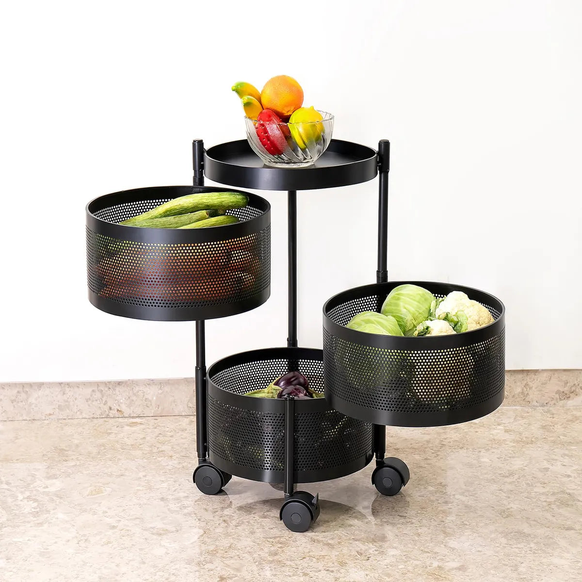Gold And Teal Tier Rolling Storage Cart With Mesh Baskets And Metal Organizer With Wheels
