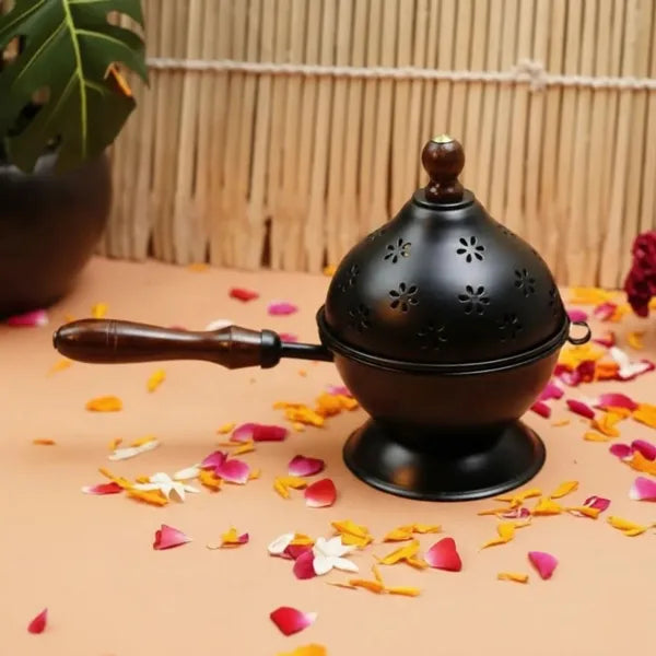Black Metal Incense Burner With Wooden Handle And Decorative Cutouts