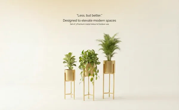 Banjara Decor Gold Finish Metal Plant Stands With Cylindrical Planters