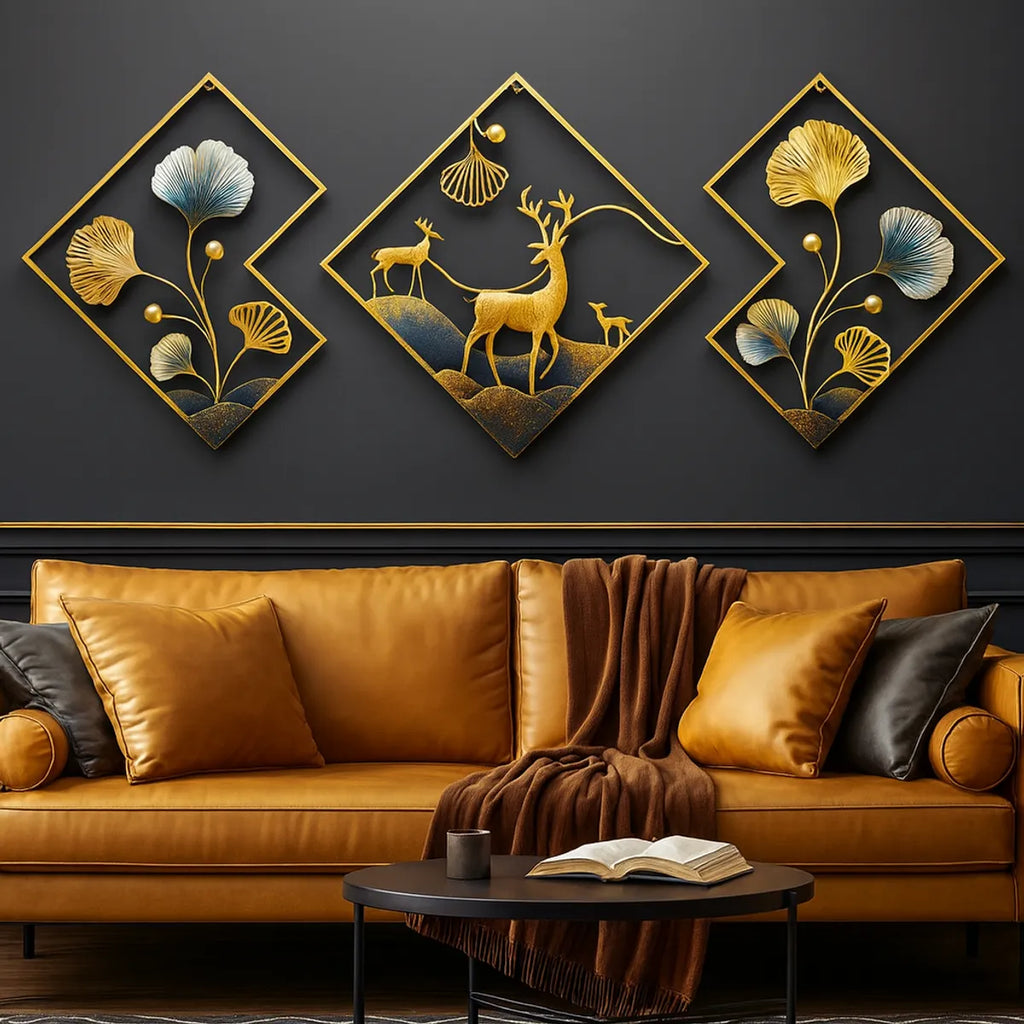 Gold Piece Metal Wall Art Set With Ginkgo Leaves And Deer Diamond Shapedframe Decor