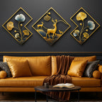 Gold Piece Metal Wall Art Set With Ginkgo Leaves And Deer Diamond Shapedframe Decor