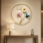 Gold Metal Wall Art Ginkgo Leaf Floral Design In Circularframe
