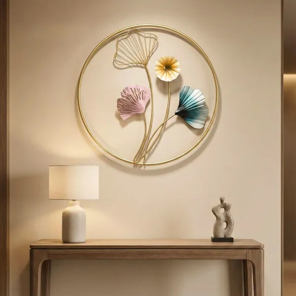 Gold Metal Wall Art Ginkgo Leaf Floral Design In Circularframe