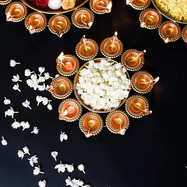 Gold Traditional Brass Diya Set With Flower Bowls For Pooja And Diwali Decoration