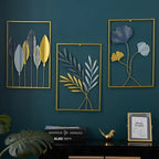 Gold Piece Metal Wall Art Set Botanical Leaf  &  Floral Design Withframe
