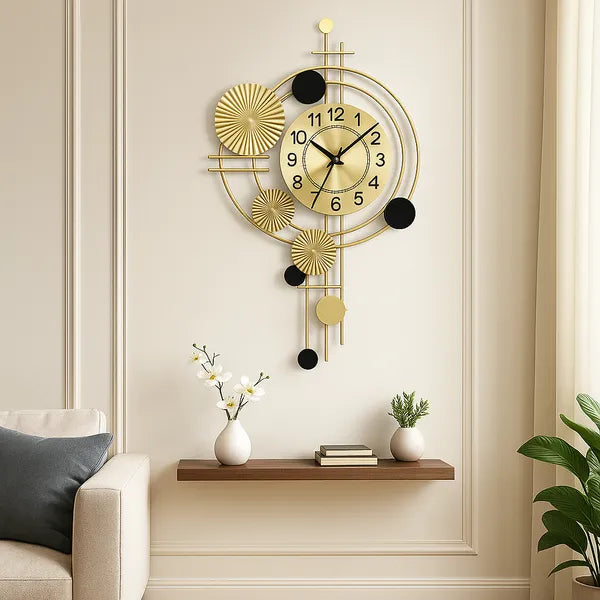 Gold And Black Modern Decorative & Wall Clock With Ornamental Design