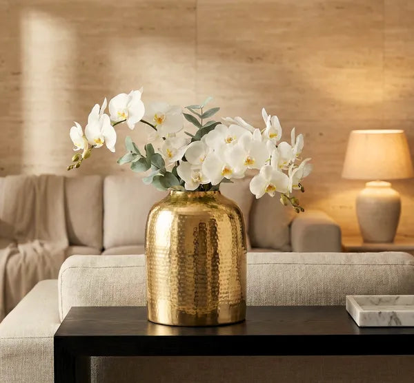 Gold Hammered Metal Flower Vase With Wide Opening