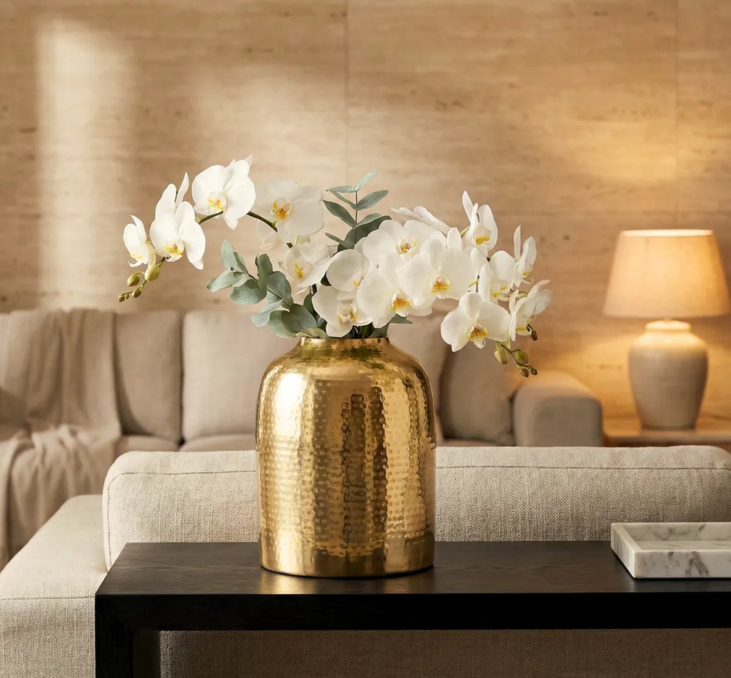 Gold Hammered Metal Flower Vase With Wide Opening