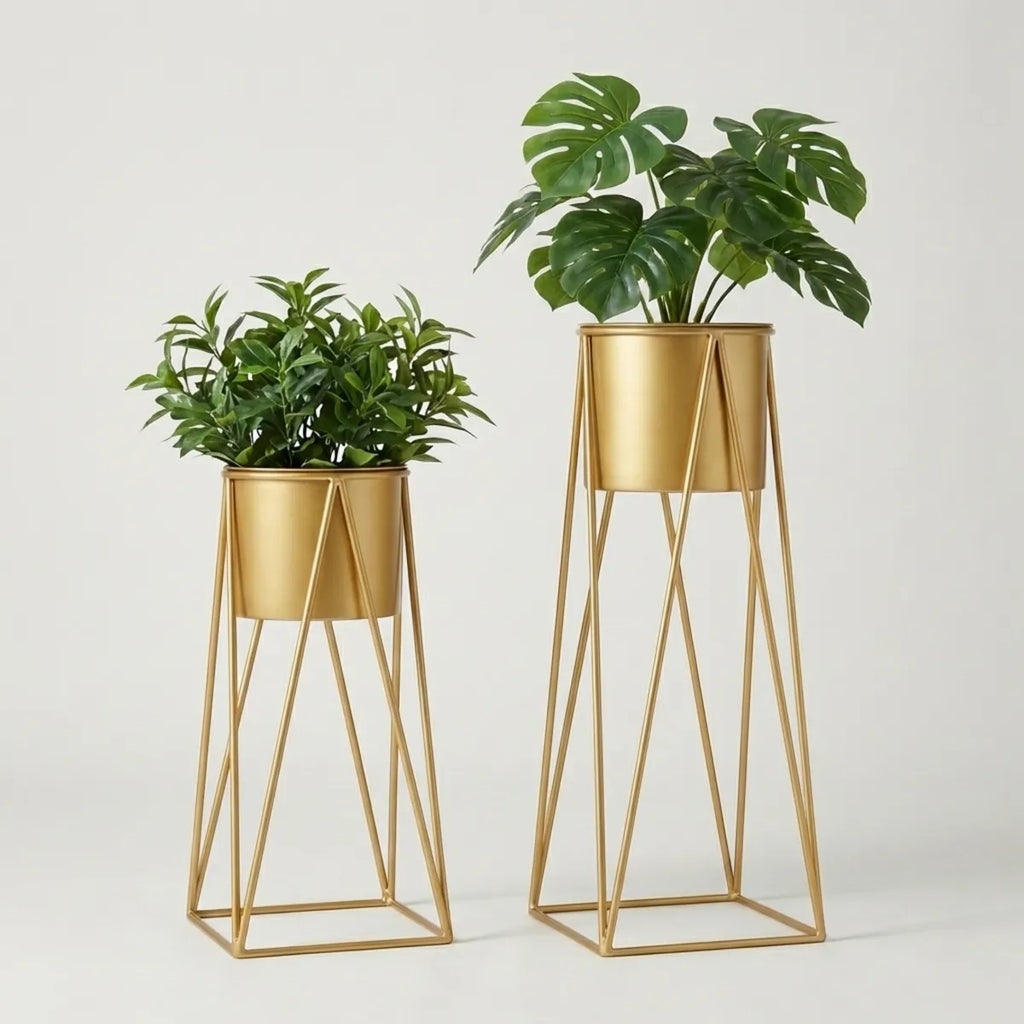Gold Set Of Toned Metal Plant Stands With Hairpin Legs