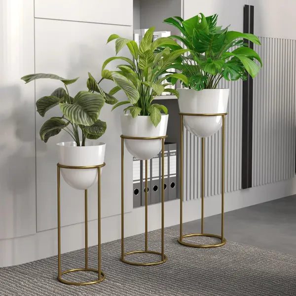 Banjara Decor Gold And White Modernmetal Plant Stands Withceramic Pots