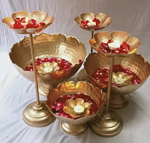 Gold Decorative Brass Floating Diya Stand Set With Flower Holders