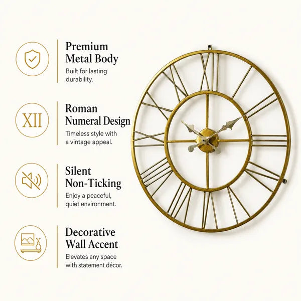 Antique Gold Metal Roman Numeral Wall Clock for Living Room, Large Vintage Round Decorative Wall Clock, Silent Non-Ticking Designer Clock for Home, Bedroom, Hall & Office Décor
