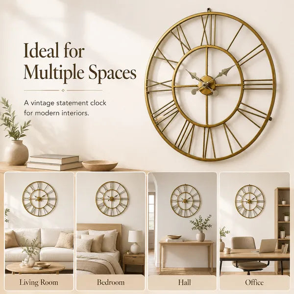 Antique Gold Metal Roman Numeral Wall Clock for Living Room, Large Vintage Round Decorative Wall Clock, Silent Non-Ticking Designer Clock for Home, Bedroom, Hall & Office Décor