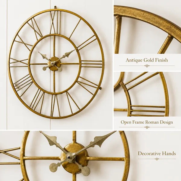 Antique Gold Metal Roman Numeral Wall Clock for Living Room, Large Vintage Round Decorative Wall Clock, Silent Non-Ticking Designer Clock for Home, Bedroom, Hall & Office Décor