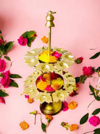 Brass Two Tier Peacock Feather Design Pooja Flower Stand With Bell Top