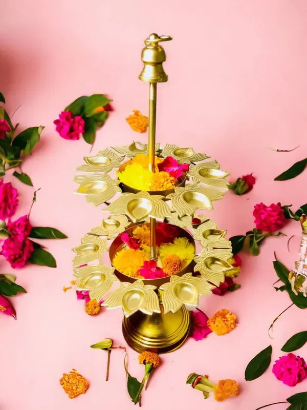 Brass Two Tier Peacock Feather Design Pooja Flower Stand With Bell Top