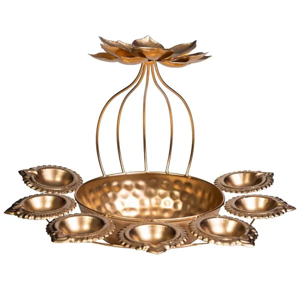 Gold Decorative Brass Diya Stand With Lotus Design 8 Tea Light Holders