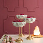 White And Gold Decorative Brass Stand Bowl Set With Floral Motif