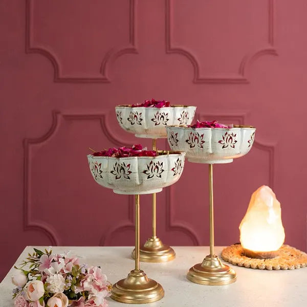 White And Gold Decorative Brass Stand Bowl Set With Floral Motif