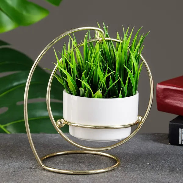 Gold And Black Metal Hanging Planter Stand Withceramic Pot
