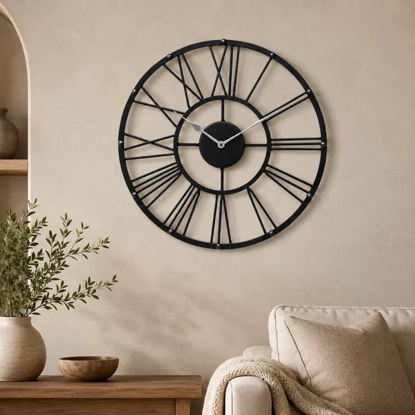 Black Metal Roman Numeral Wall Clock for Living Room, Vintage Round Decorative Wall Clock, Silent Non-Ticking Designer Clock for Home, Bedroom, Hall & Office Décor