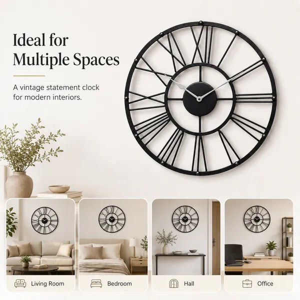Black Metal Roman Numeral Wall Clock for Living Room, Vintage Round Decorative Wall Clock, Silent Non-Ticking Designer Clock for Home, Bedroom, Hall & Office Décor