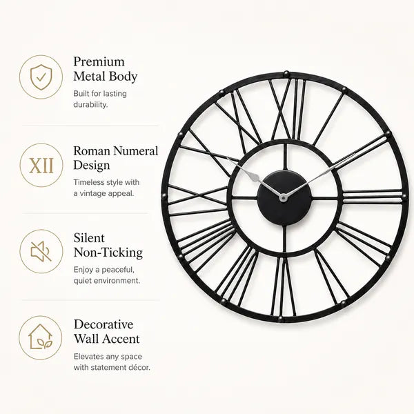 Black Metal Roman Numeral Wall Clock for Living Room, Vintage Round Decorative Wall Clock, Silent Non-Ticking Designer Clock for Home, Bedroom, Hall & Office Décor