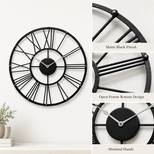 Black Metal Roman Numeral Wall Clock for Living Room, Vintage Round Decorative Wall Clock, Silent Non-Ticking Designer Clock for Home, Bedroom, Hall & Office Décor