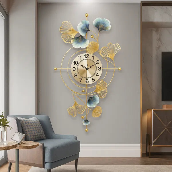 Gold Luxuryginkgo Leaf Wall Clockdecorative Metal Art Timepiece
