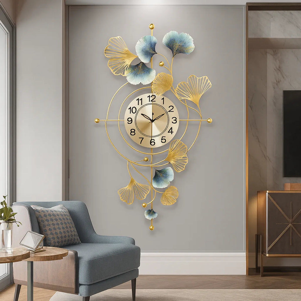 Gold Luxuryginkgo Leaf Wall Clockdecorative Metal Art Timepiece
