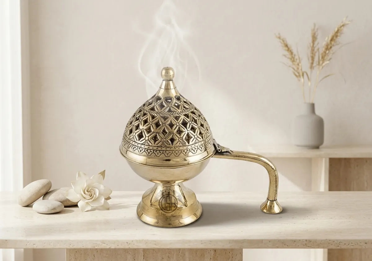 Gold Traditional Brass Incense Burner With Ornate Dome Design
