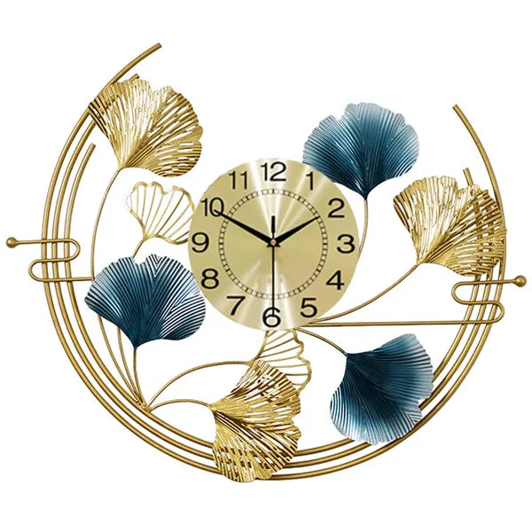Gold And Blue Luxury Ginkgo Leaf Wall Clock & Metal Art Decor