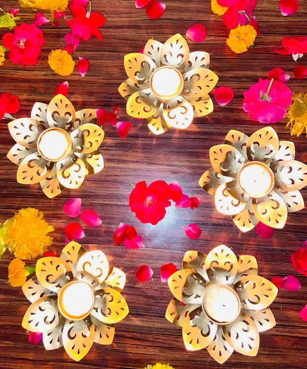 Gold Decorative Brass Flower Diya Candle Holders